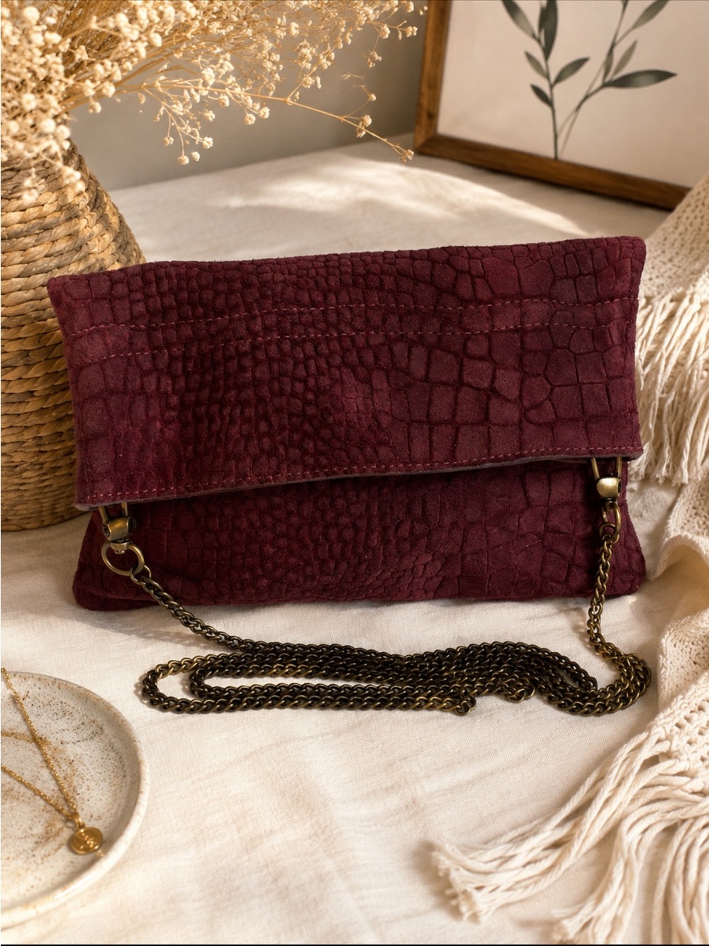 Free People Nicolette Suede Crossbody Foldover Bag Plum Burgundy